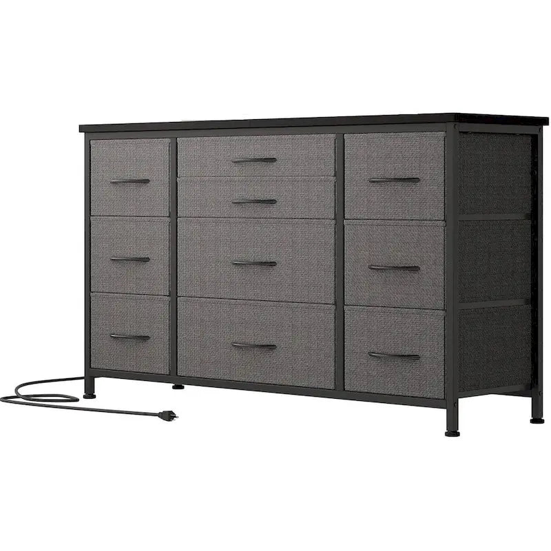 Brown 10-Drawer TV Stand with Power Outlet Wood Top Metal Frame