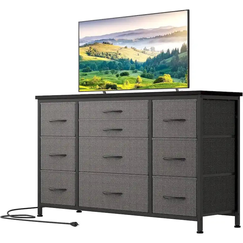 Brown 10-Drawer TV Stand with Power Outlet Wood Top Metal Frame