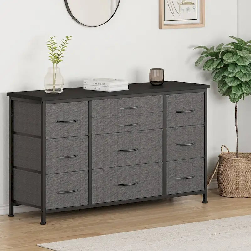 Brown 10-Drawer TV Stand with Power Outlet Wood Top Metal Frame