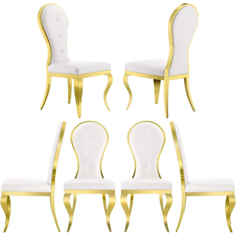 White Faux Leather Dining Chair High Back Tufted Gold Stainless Steel Legs