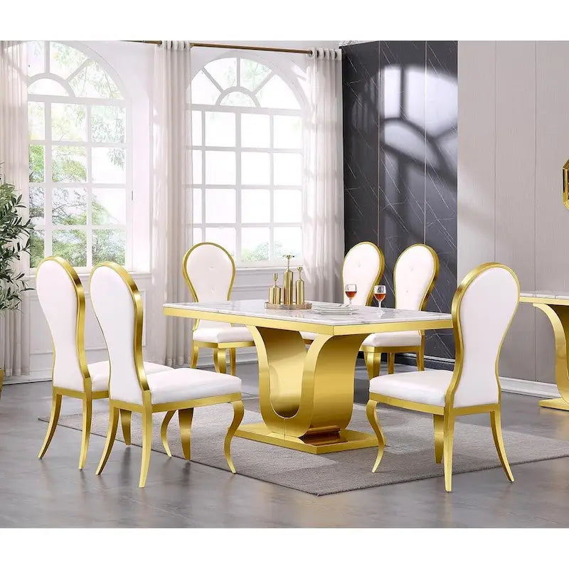 White Faux Leather Dining Chair High Back Tufted Gold Stainless Steel Legs