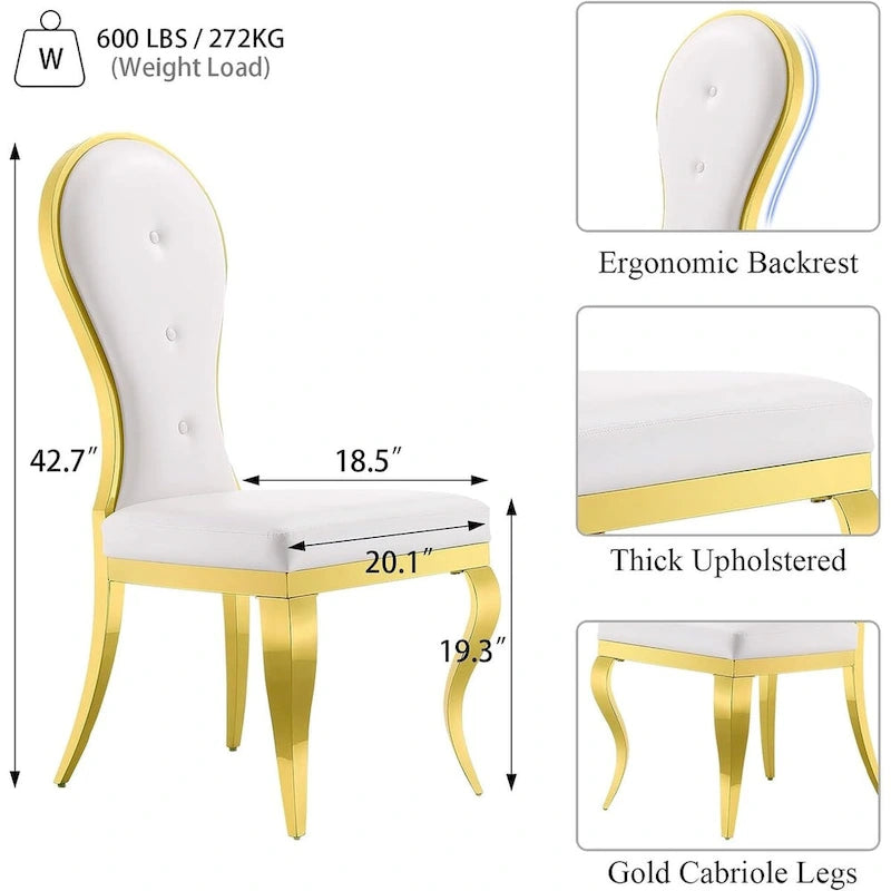 White Faux Leather Dining Chair High Back Tufted Gold Stainless Steel Legs