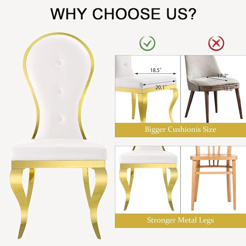 White Faux Leather Dining Chair High Back Tufted Gold Stainless Steel Legs