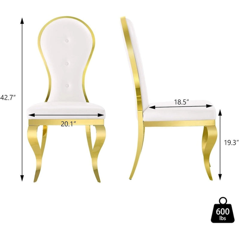 White Faux Leather Dining Chair High Back Tufted Gold Stainless Steel Legs