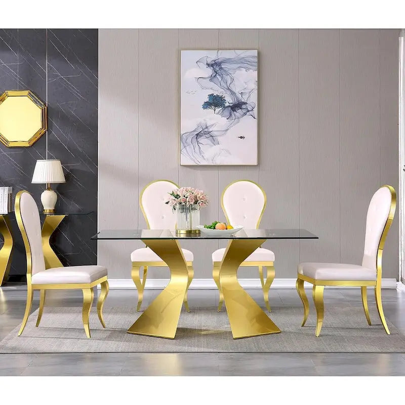 White Faux Leather Dining Chair High Back Tufted Gold Stainless Steel Legs
