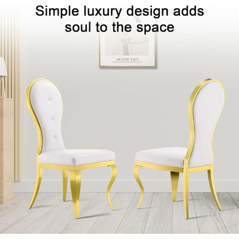 White Faux Leather Dining Chair High Back Tufted Gold Stainless Steel Legs