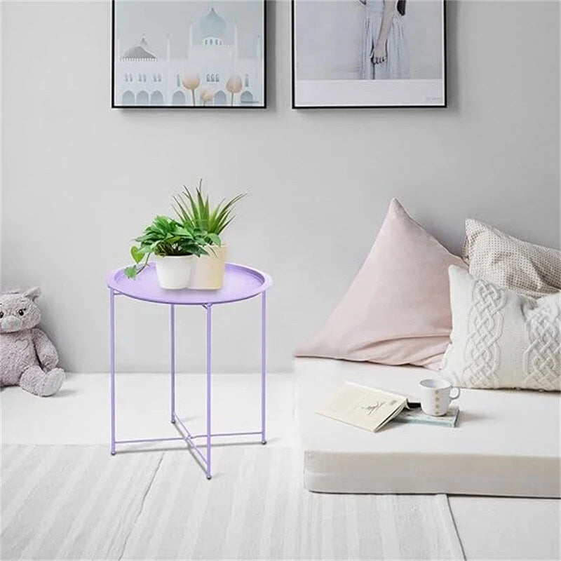 Purple Round Metal Tray Side Table Foldable Removable Tray Indoor Outdoor