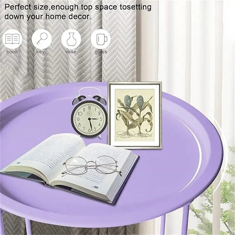 Purple Round Metal Tray Side Table Foldable Removable Tray Indoor Outdoor