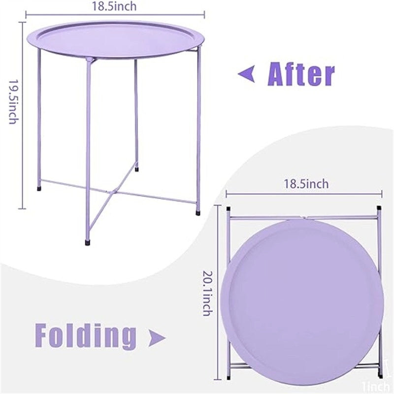 Purple Round Metal Tray Side Table Foldable Removable Tray Indoor Outdoor