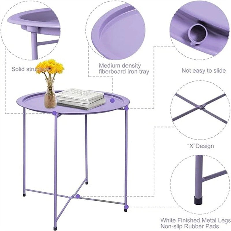 Purple Round Metal Tray Side Table Foldable Removable Tray Indoor Outdoor
