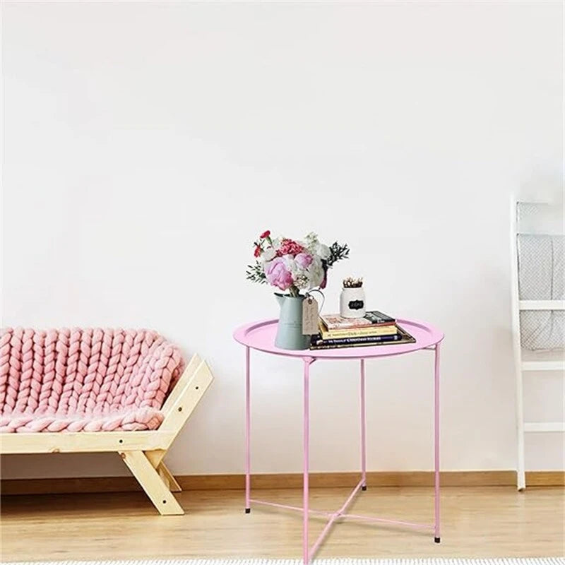 Purple Round Metal Tray Side Table Foldable Removable Tray Indoor Outdoor