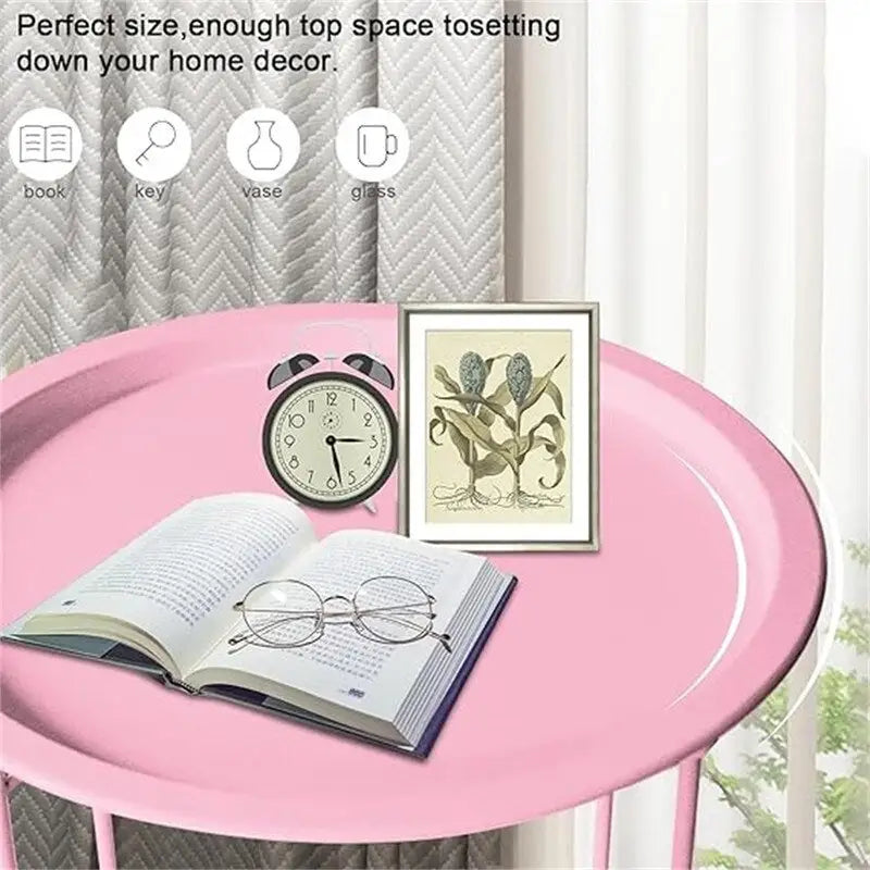 Purple Round Metal Tray Side Table Foldable Removable Tray Indoor Outdoor