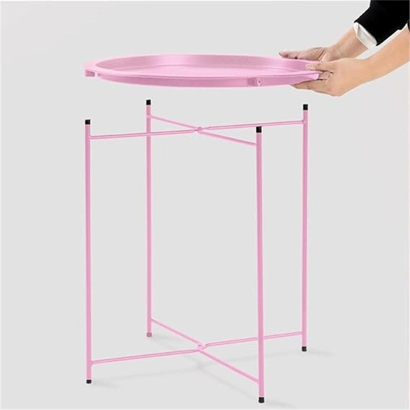 Purple Round Metal Tray Side Table Foldable Removable Tray Indoor Outdoor