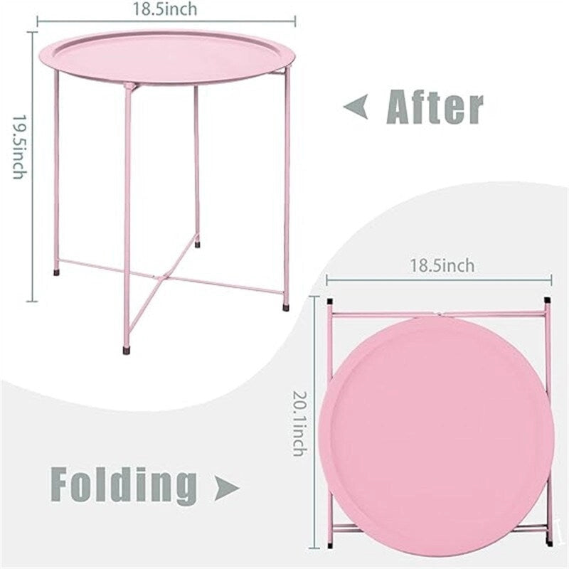 Purple Round Metal Tray Side Table Foldable Removable Tray Indoor Outdoor