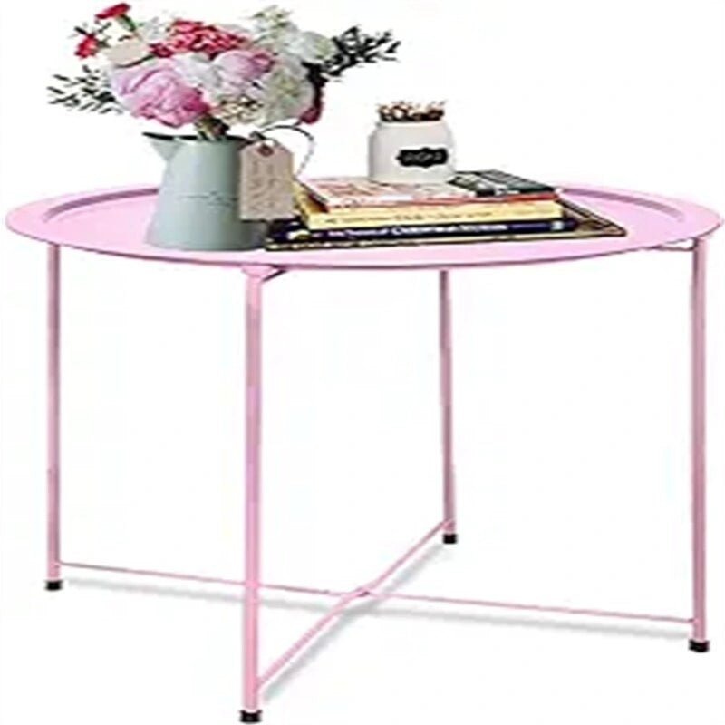 Purple Round Metal Tray Side Table Foldable Removable Tray Indoor Outdoor
