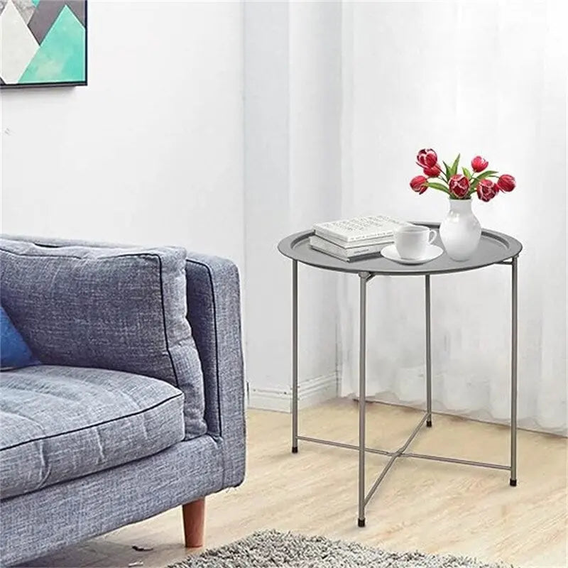 Purple Round Metal Tray Side Table Foldable Removable Tray Indoor Outdoor