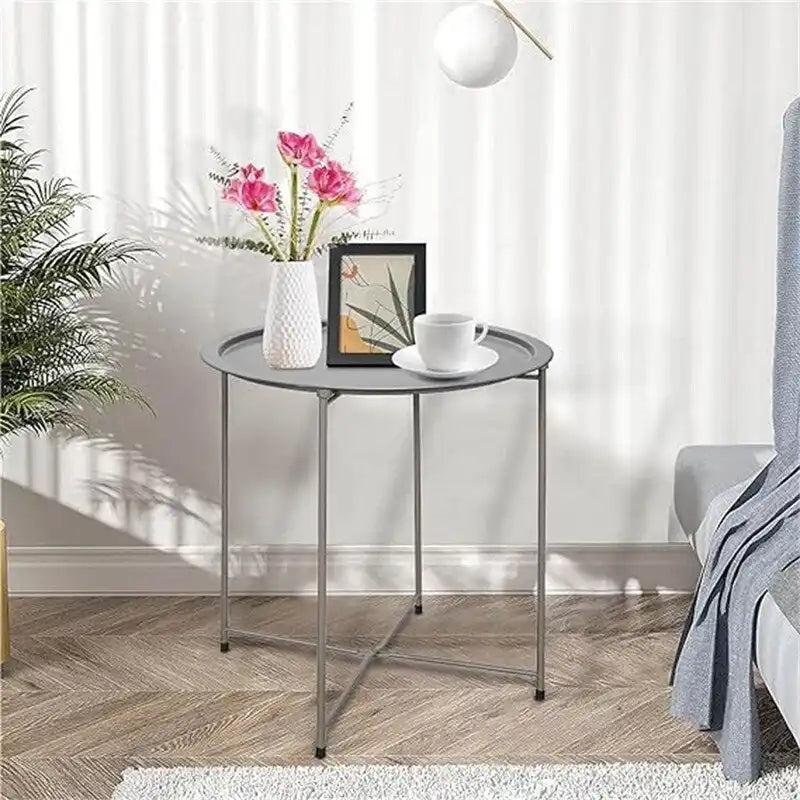 Purple Round Metal Tray Side Table Foldable Removable Tray Indoor Outdoor