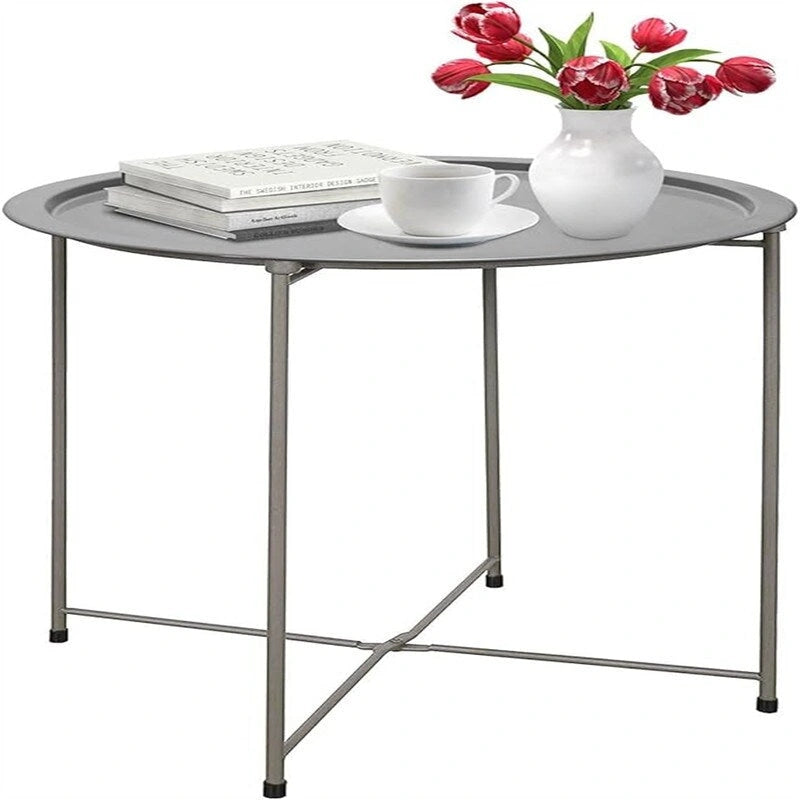 Purple Round Metal Tray Side Table Foldable Removable Tray Indoor Outdoor