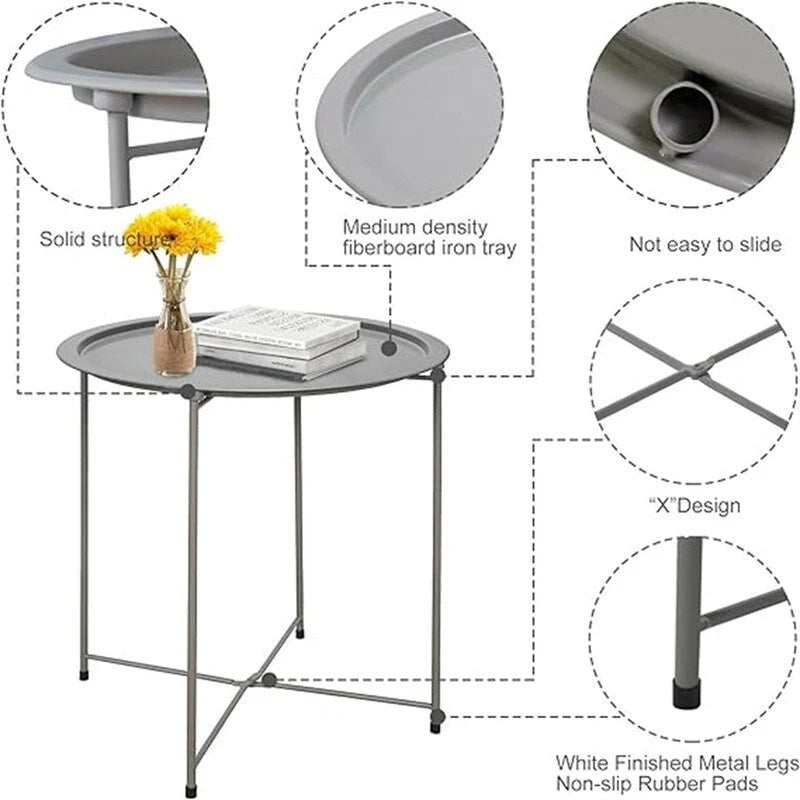 Purple Round Metal Tray Side Table Foldable Removable Tray Indoor Outdoor