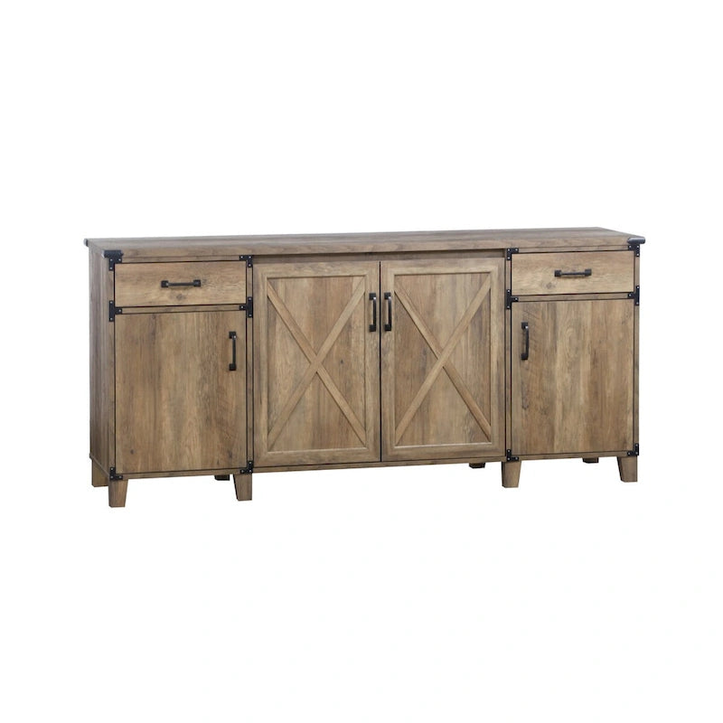 Rustic Oak Farmhouse Credenza Four-Door Cabinet with Drawers X-Cross Detail