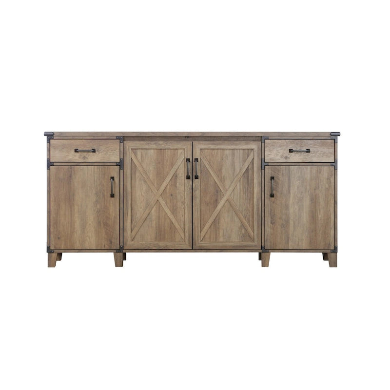 Rustic Oak Farmhouse Credenza Four-Door Cabinet with Drawers X-Cross Detail