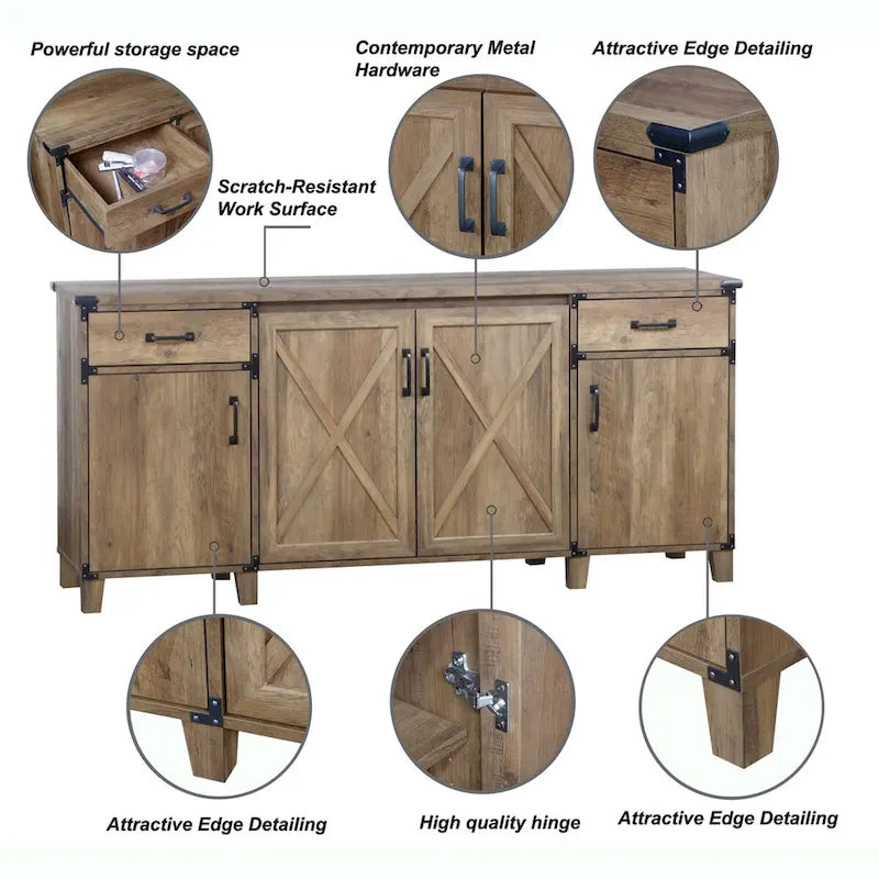 Rustic Oak Farmhouse Credenza Four-Door Cabinet with Drawers X-Cross Detail