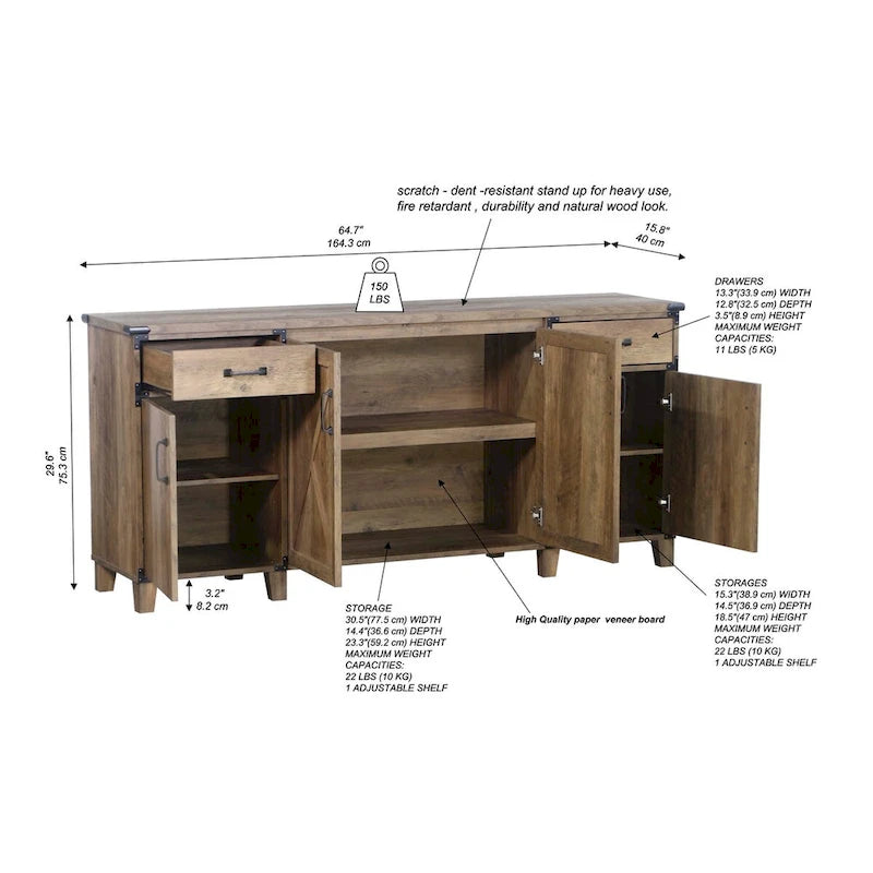 Rustic Oak Farmhouse Credenza Four-Door Cabinet with Drawers X-Cross Detail