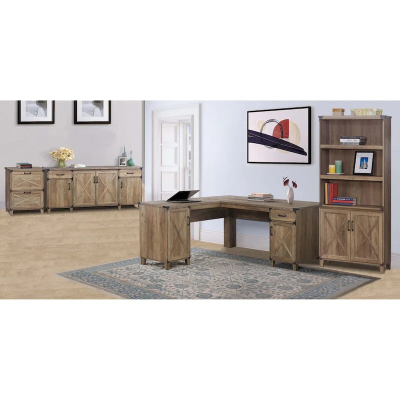 Rustic Oak Farmhouse Credenza Four-Door Cabinet with Drawers X-Cross Detail