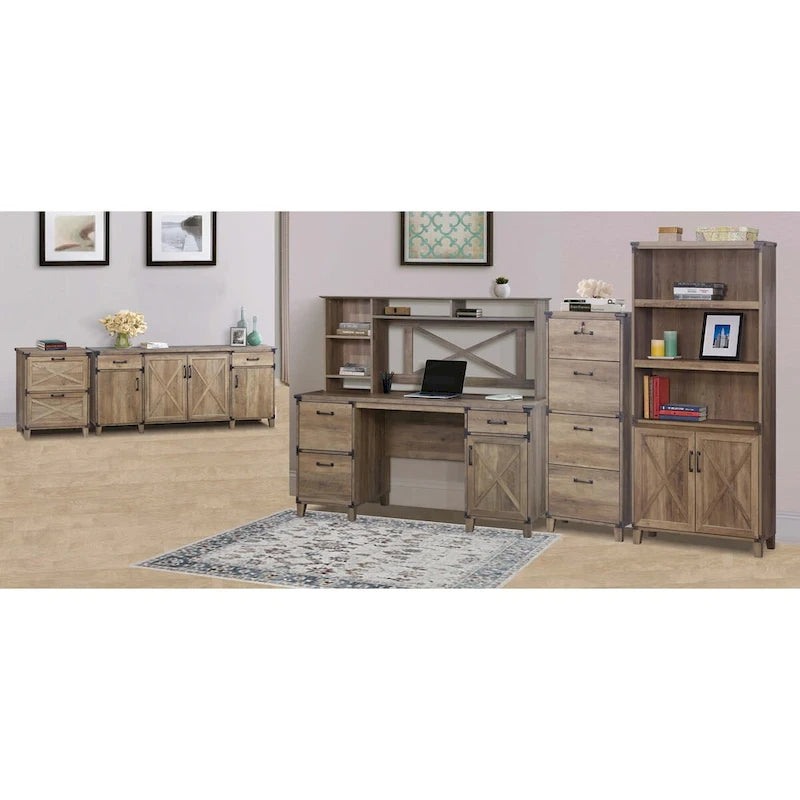 Rustic Oak Farmhouse Credenza Four-Door Cabinet with Drawers X-Cross Detail