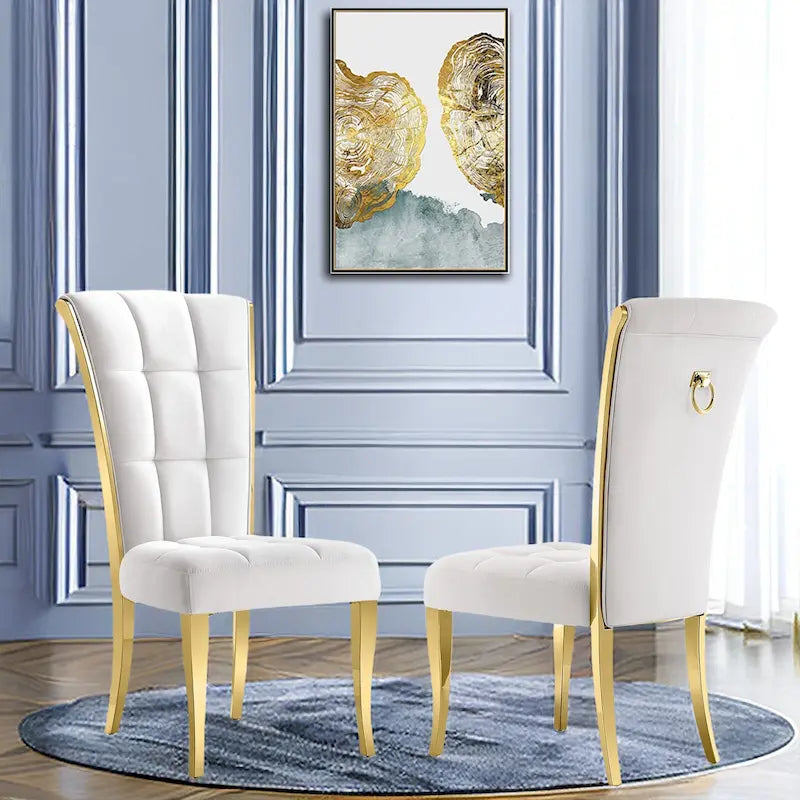 White Velvet Dining Chair High Back Pull Ring Gold Curved Legs