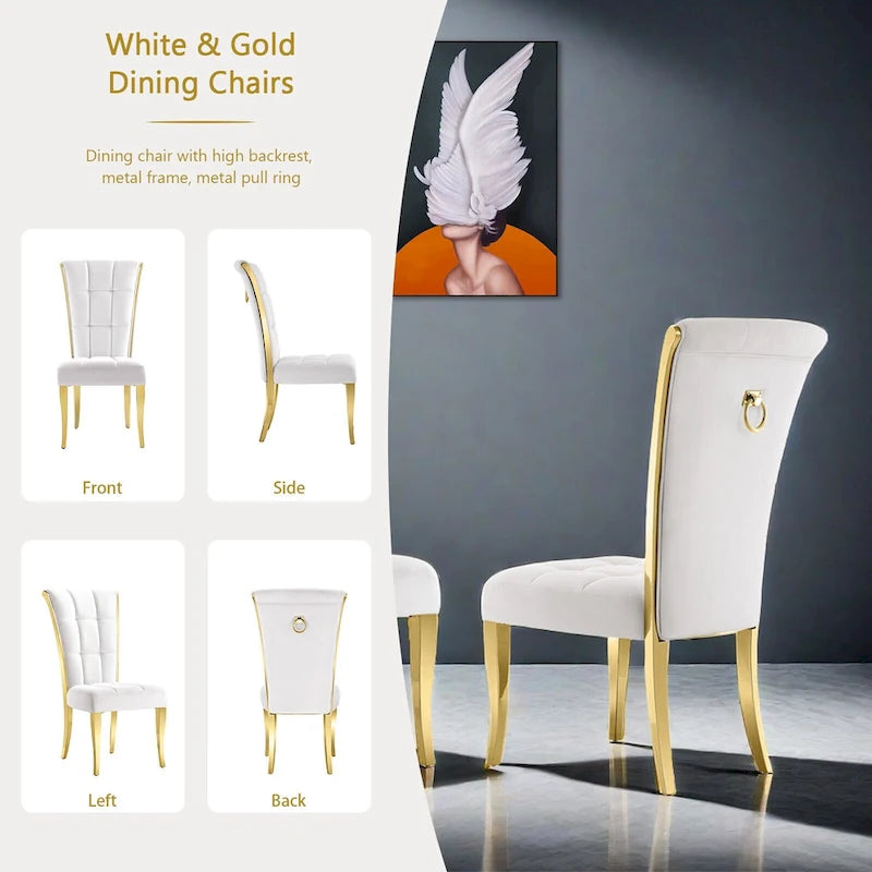 White Velvet Dining Chair High Back Pull Ring Gold Curved Legs
