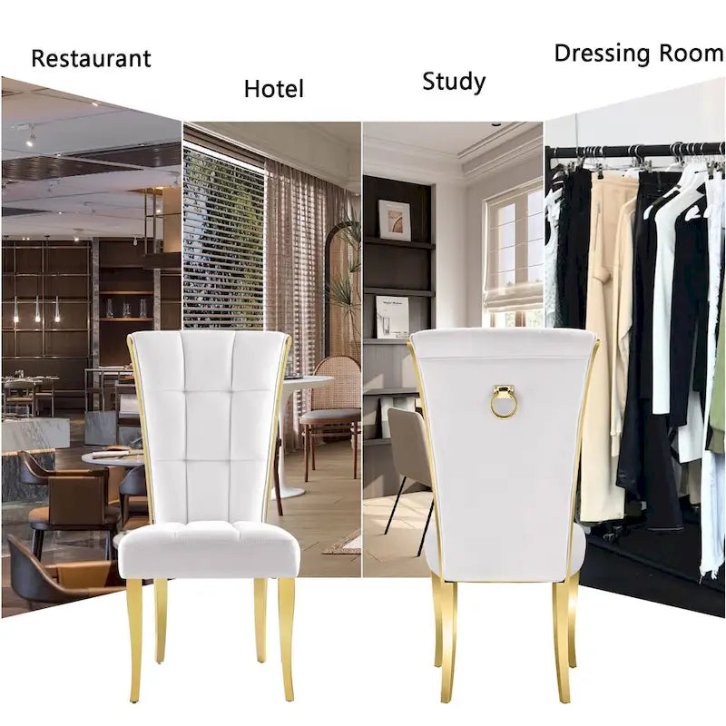 White Velvet Dining Chair High Back Pull Ring Gold Curved Legs