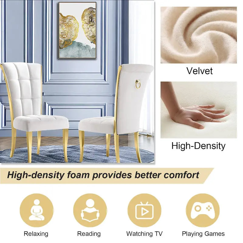 White Velvet Dining Chair High Back Pull Ring Gold Curved Legs