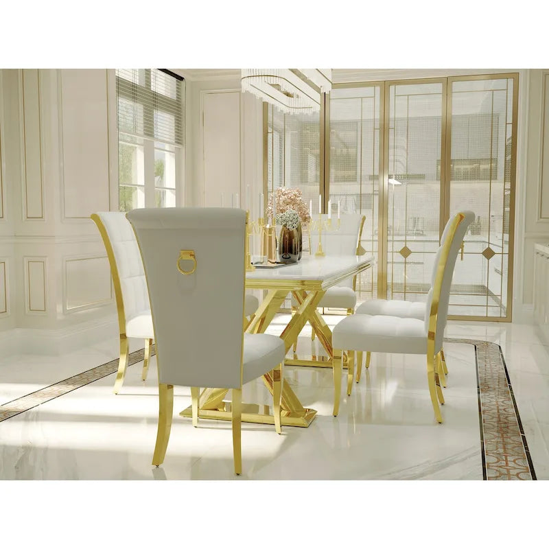 White Velvet Dining Chair High Back Pull Ring Gold Curved Legs