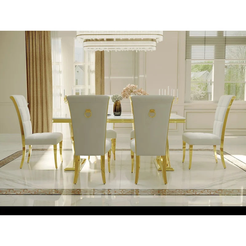 White Velvet Dining Chair High Back Pull Ring Gold Curved Legs