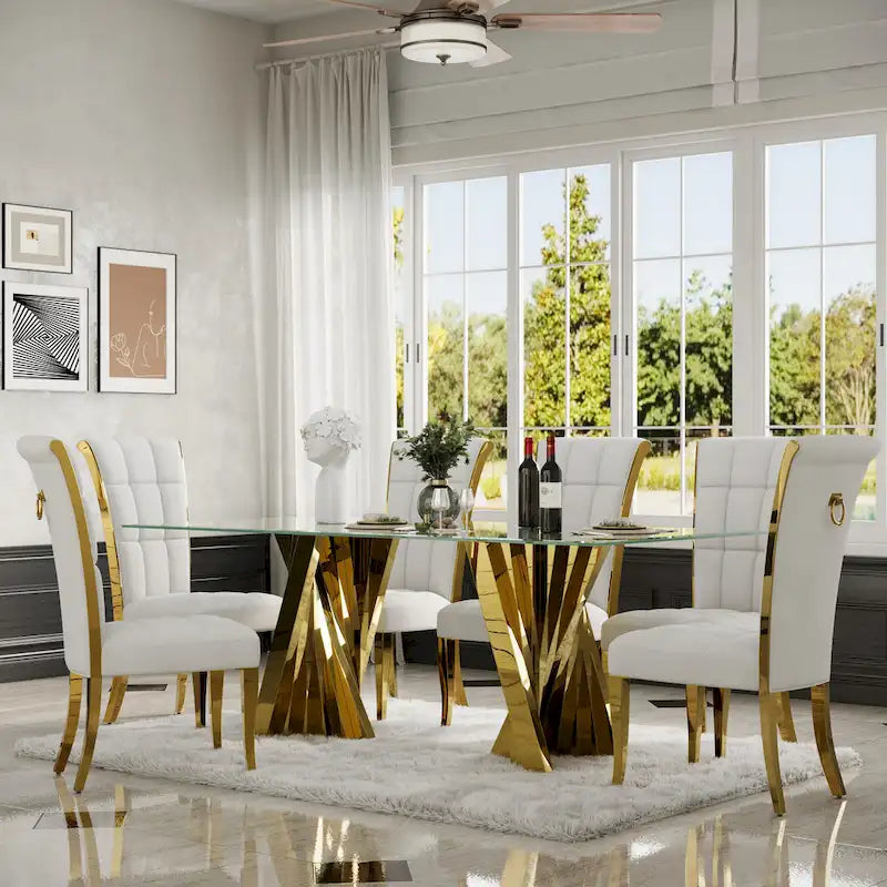 White Velvet Dining Chair High Back Pull Ring Gold Curved Legs