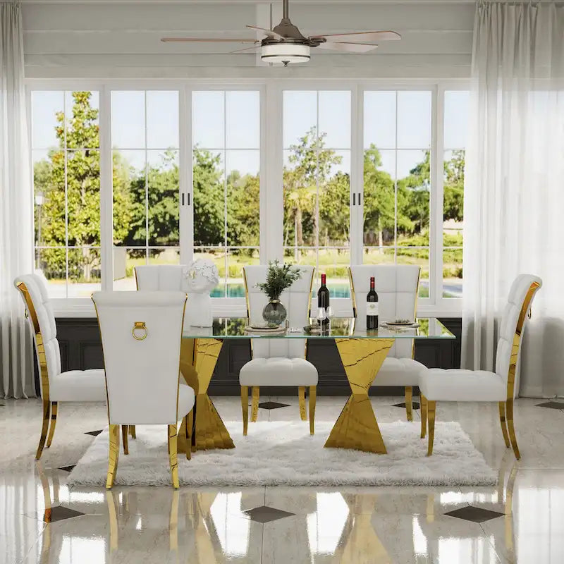 White Velvet Dining Chair High Back Pull Ring Gold Curved Legs