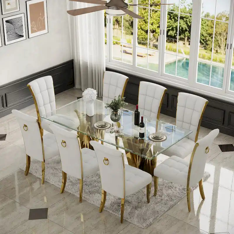 White Velvet Dining Chair High Back Pull Ring Gold Curved Legs