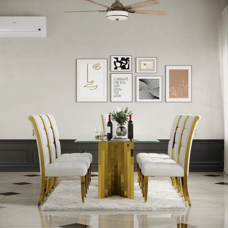 White Velvet Dining Chair High Back Pull Ring Gold Curved Legs