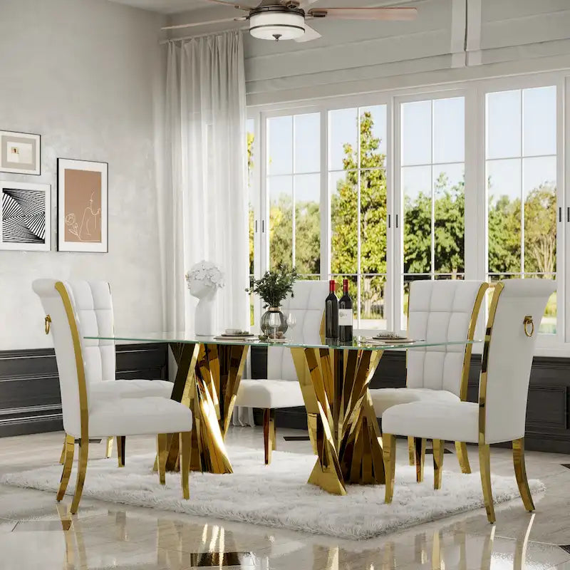 White Velvet Dining Chair High Back Pull Ring Gold Curved Legs