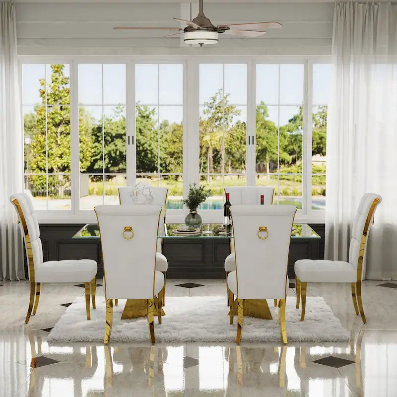 White Velvet Dining Chair High Back Pull Ring Gold Curved Legs