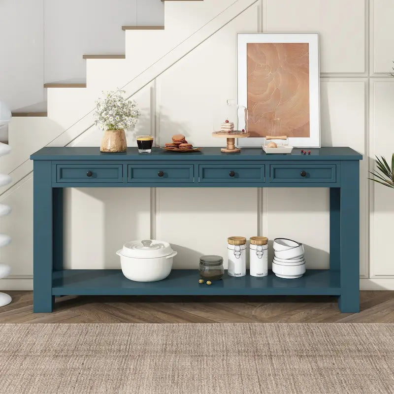 Dark Blue Solid Wood Console Table 4 Drawers Bottom Shelf Straight Legs