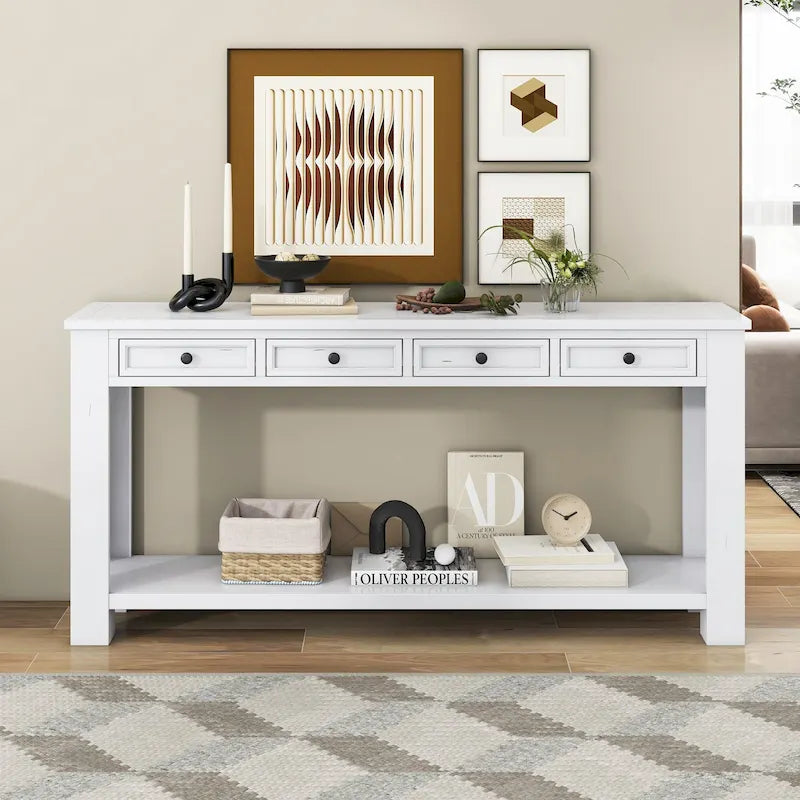 Dark Blue Solid Wood Console Table 4 Drawers Bottom Shelf Straight Legs