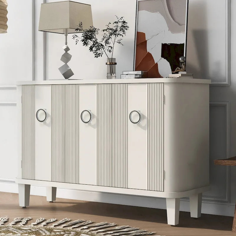 White 3-Door Sideboard Cabinet Fluted Panel Round Ring Handles Wood Legs