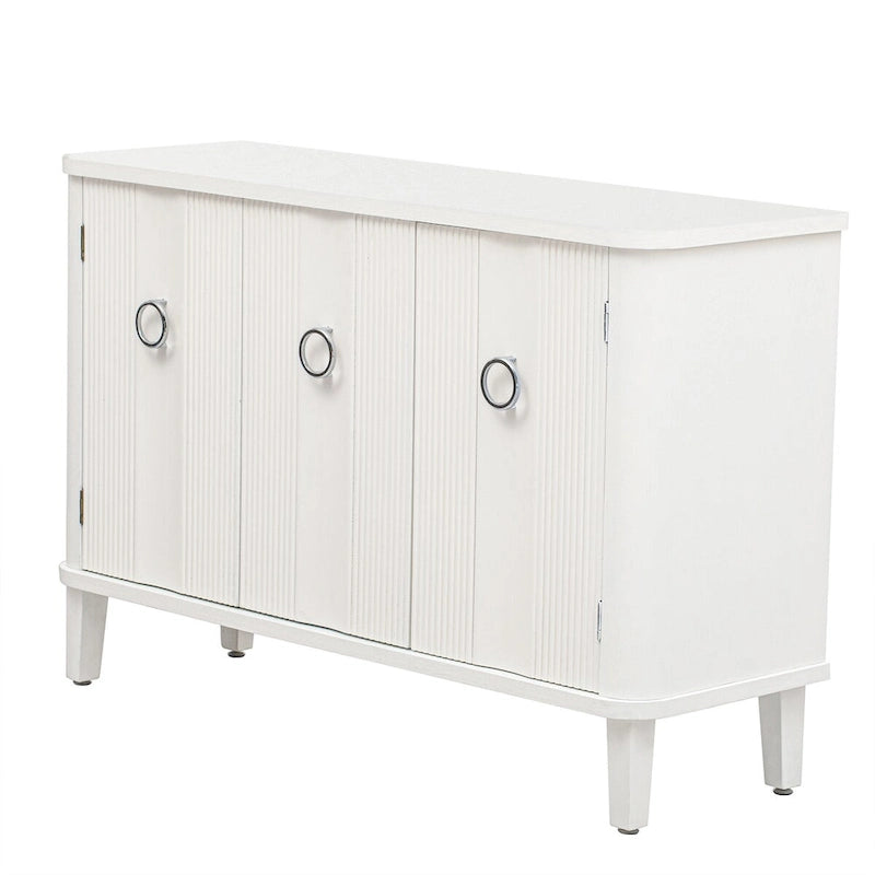 White 3-Door Sideboard Cabinet Fluted Panel Round Ring Handles Wood Legs