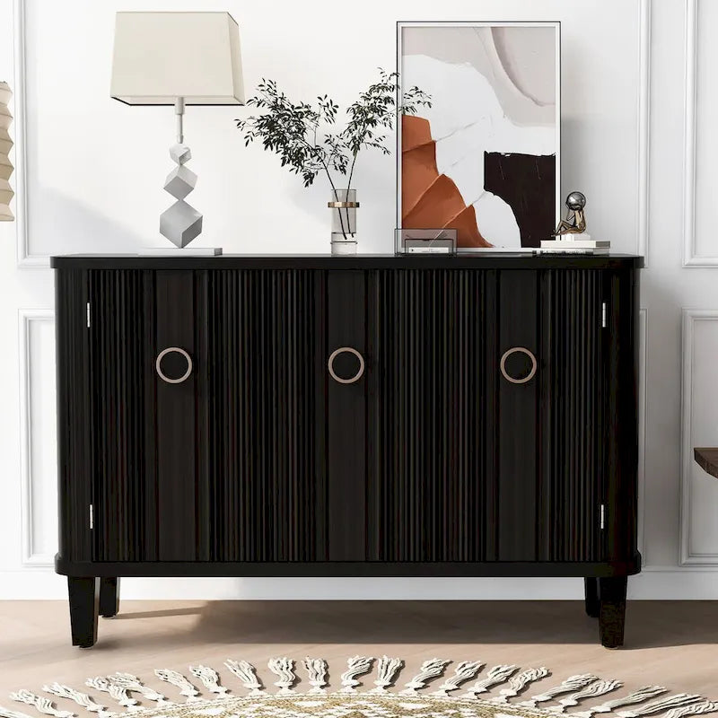 White 3-Door Sideboard Cabinet Fluted Panel Round Ring Handles Wood Legs