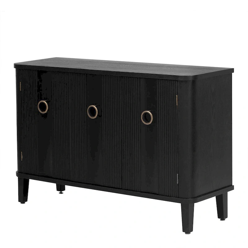 White 3-Door Sideboard Cabinet Fluted Panel Round Ring Handles Wood Legs