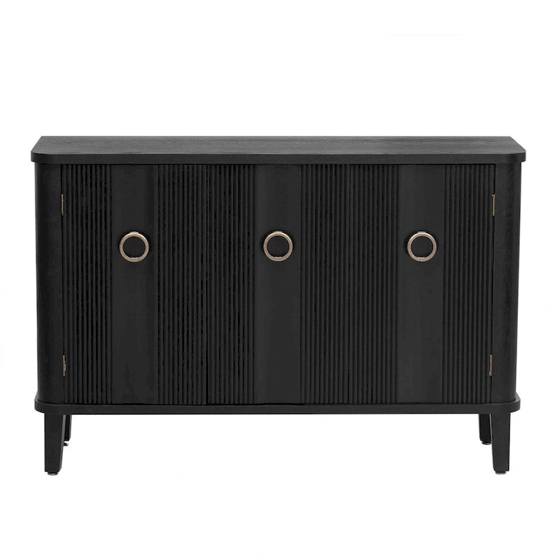 White 3-Door Sideboard Cabinet Fluted Panel Round Ring Handles Wood Legs