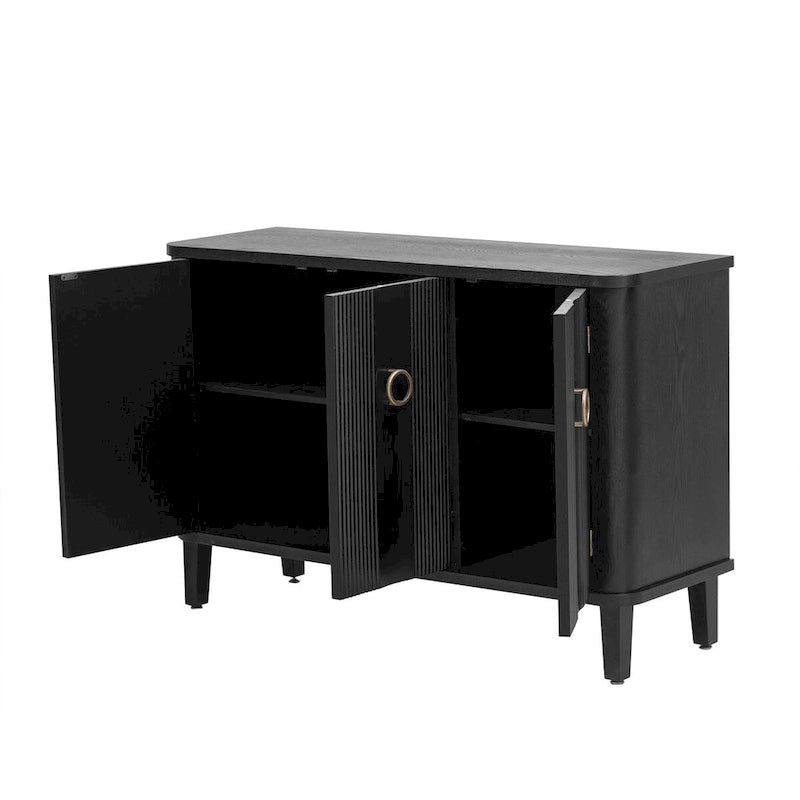 White 3-Door Sideboard Cabinet Fluted Panel Round Ring Handles Wood Legs