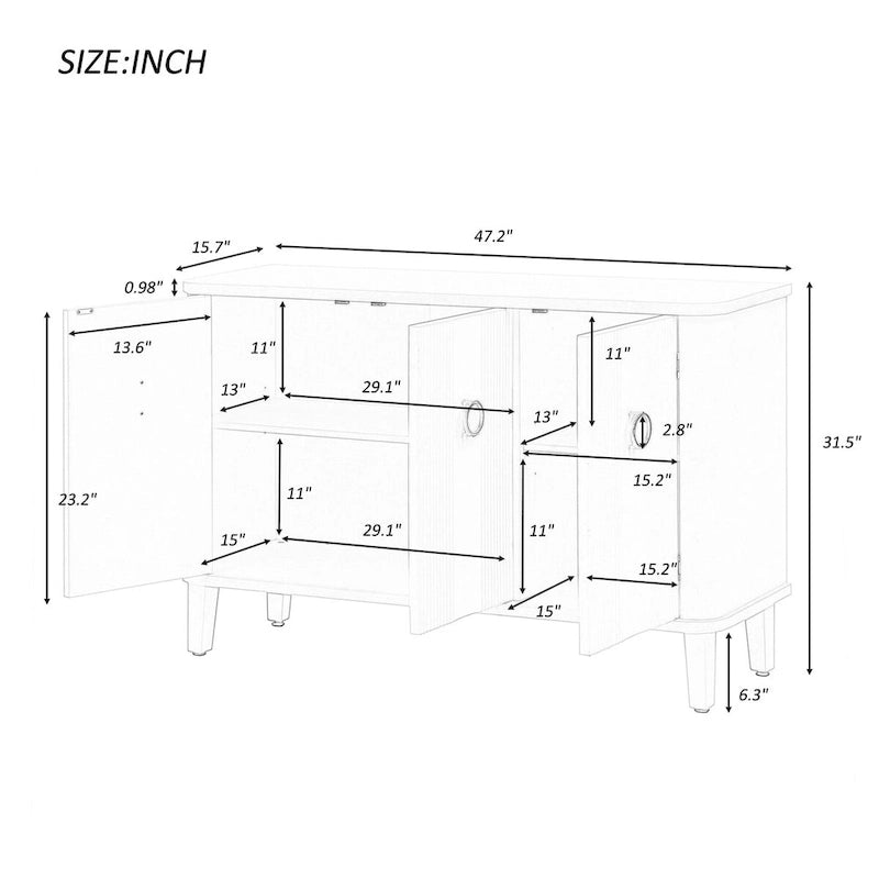White 3-Door Sideboard Cabinet Fluted Panel Round Ring Handles Wood Legs